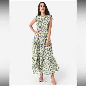 Banjanan women Iris Smocked Ruffle Midi Dress in Star Gazer Jade M boho cottage